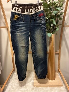 Yoshitomo Nara Lolita Vintage Y2K Brown Polka Dot Denim Joggers Knit Waistband